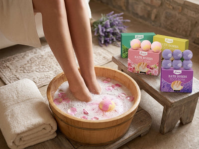 Bain de pieds relaxant dans une bassine en bois avec une boule effervescente