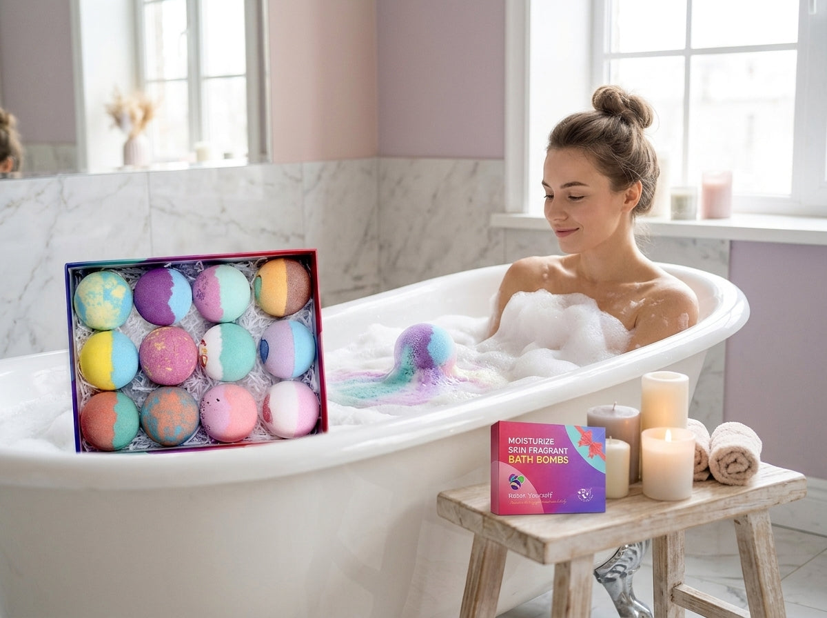 Jeune femme dans un bain moussant avec une bombe de bain – spa à la maison